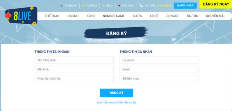 Đăng ký tài khoản dễ dàng tại 8Live